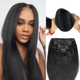 LDGUGO 12 Inch Clip In Hair Extensions Real Human Hair Yaki Straight Clip Ins Hair Extensions For Women Invisible & Scalp-Friendly Kinky Straight Human Hair Clip In Extensions 100g 8pcs Natural Black