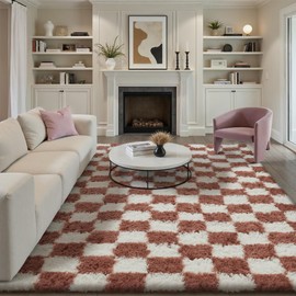 PureCozy Checkered Rug 8x10 for Living Room, Rose Pink Modern Shag Rug Washable Non-Slip Large Area Rug Super Soft Indoor Fuzzy Carpet Fluffy Rugs for Bedroom Home Aesthetic Decor