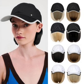 Lansigreen Quick Dry Hat with Hair Extensions Sun Protection Hat Wig Lightweight Outdoor Baseball Cap Attached 13" Short Straight Hairpiece Synthetic for Women Dark Black
