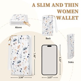 Flower Womens Wallet, RFID Blocking Wallets for Women, Ladies Purse with Zip Around Credit Card Holder and 10 Card Slots & ID Window, Travel Large Capacity Women's Clutch Wallet Hand Strap White