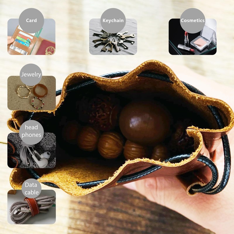 CZXCV Cowhide Leather Drawstring Pouch, Secure Small Leather Coin Purse