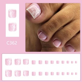 24Pcs White French Press on Toenails Short Square - WLGDLH Fake Toenails Spring Cute Fake Toe Nails Press Ons with White Flower Design Full Cover Toe nail Tips Acrylic nails Kit for Women Manicure