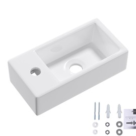 Small Wall Mounted Bathroom Sink, QISHKA 14.5" x 7" Ceramic Rectangar Wall Hung Vessl Sink White Wash Basin, Save Space for Mini Bathroom (Left Hand)