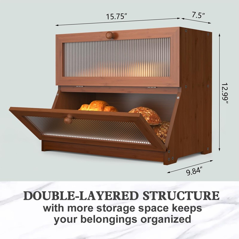 LOHASOK Double Layer Bamboo Bread Box for Kitchen Counter-Large Capacity