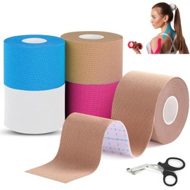 4 Rollos Cinta Kinesiología, 5cm*5m Vendaje Neuromuscular Cinta Respirable Deportiva con Cortador, Kinesiología Tape Profesional Resistente al Agua, Proporciona Apoyo de Músculos Articulaciones, sin Látex