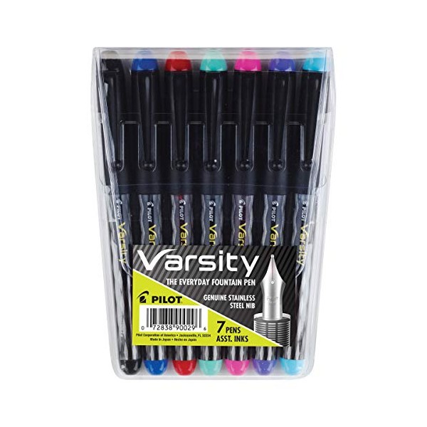 PILOT Varsity Pre-Filled Fountain Pens, Medium Point Stainless Steel Nib, Black/Blue/Red/Pink/Green/Purple/Turquoise, 7-Pack Pouch (90029)