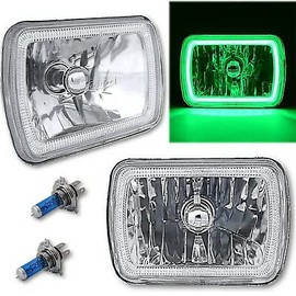 Octane Lighting 7X6 Inch Green COB LED Glass/Metal Headlight 60w H4 Light Bulb Headlamp Pair