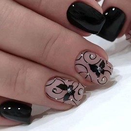 Black Short Press On Nails Square Fake Nails with Black Vines and Dark Butterfly Designs Black Full Cover Silver Glitter Lines Acrylic Nails Stick Glue On Nails for Women Girls 24 Pcs