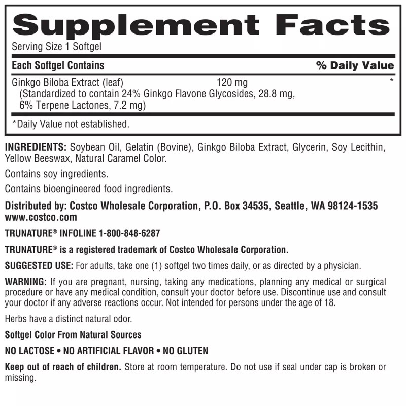 Trunature Ginkgo Biloba 120mg 340 Softgels for Memory Support
