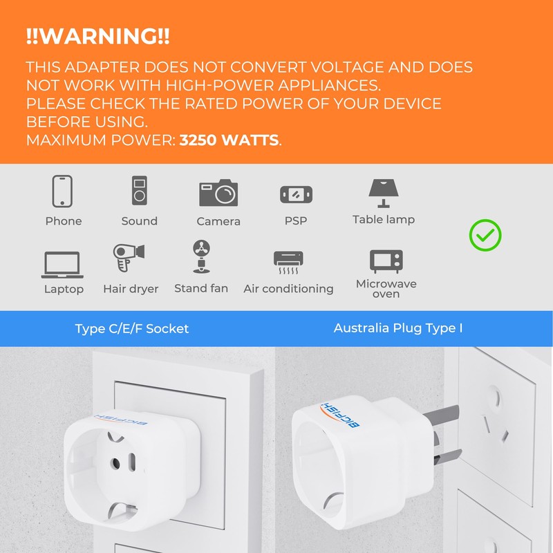 Bigfish Adaptor Australia Germany 2 Pack, Travel Adapter China Germany