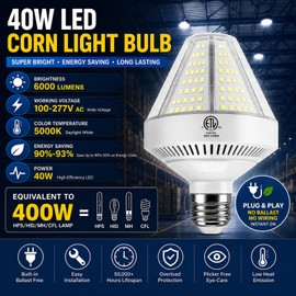 RIUVAO 2 Pack 40W LED Corn Light Bulb, 6000LM Super Bright 400W Equivalent, 5000K Daylight White E26/E27 Base, High Lumen Corn Cob Lamp for Garage, Warehouse, Barn, Workshop, Indoor Outdoor