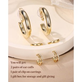 Morfetto 3 Pairs Ear Cuff Gold for Women Ear Cuff Earrings Without Ear Hole 14K Gold-Plated Hypoallergenic Chunky Clip Earrings Set Wrap Earcuffs Fake Helix Piercings, Copper, No Gemstone