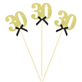 Sotpot 8 pcs Gold Glitter 30th Birthday Centerpiece Sticks, Number 30 with Bow Centerpieces Table Flower Topper for Man Woman 30th Birthday Anniversary Table Party Decorations