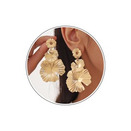 Wendalern Gold Flower Petal Dangle Earrings Long Lotus Petal Tassel Earrings Exaggerate Large Floral Stud Earrings Metal Texture Flower Statement Earrings Bridal Jewelry for Women and Girls