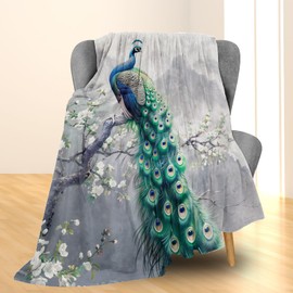 Ti Caldi Peacock Blanket - Soft, Cozy, Lightweight Flannel Throw Blankets for Couch, Bed, Travel, Fluffy Decor Perfect for Outdoor Use and Home Decor, Flowers Design for Adults Women Girls 60×50 in