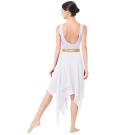 IBAKOM Lyrical Dance Dress for Women Gold Metallic Cutout Chiffon Tulle Contemporary Dance Costume Backless Flowy Skirt Salsa Ballroom Dance Dress Ballet Leotard Ballerina Costume White L