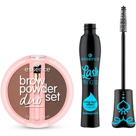 essence - Pack 2 en 1: Máscara de Pestañas Lash Princess Waterproof 12 ml + Set Dúo de Polvos para Cejas Medium 1.8 g, Volumen, Definición y Acabado Natural de Larga Duración