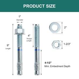 HROMIGRY 1" x 9" Concrete Anchors (10 Pack) 1 inch Wedge Anchors Bolts Zinc Plated
