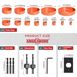 ANGELSWORD Hole Saw Set 22 PCS Double-Ground Teeth Hole Saw Kit, Hole Saw Drill Bit Kit, 3/4"-6" (19-152mm) 13 PCS Saw Blades, for Drywall, Soft Wood, Plywood, Plastic, PVC