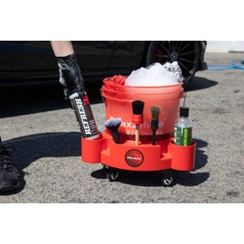 Maxshine Rolling Bucket Dolly (Red) – Heavy Duty Rolling Dolly for Car Wash with 5 Wheels, 2 Locking casters, Slots for car Cleaning compounds, and Detailing Brushes, Great car wash Caddy for You.