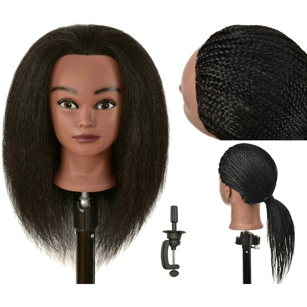 FUTAI Real 100% Human Hair Mannequin Head with Table Clamp Stand for Hairdresser Practice Braiding Styling Manikin Cosmetology Makeup Manican Doll Training Head Coloring Curling Cutting Updos Display