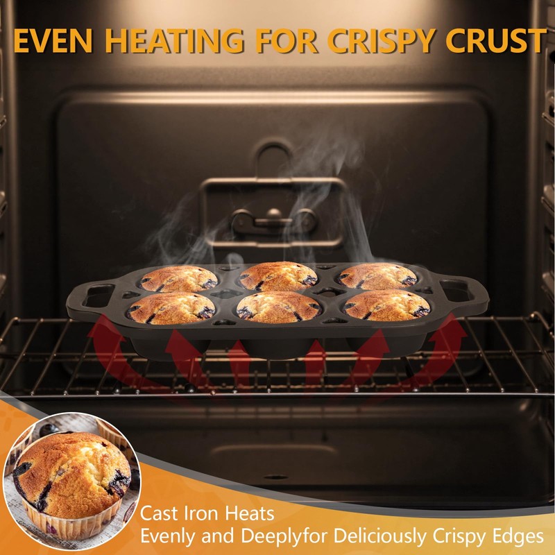 COSORM 6 Cup Cast Iron Muffin Pan - Pre-Seasoned Nonstick