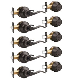 Gobrico Entry Door Handle and Single Cylinder Deadbolt Combo Locksets in Oil Rubbed Bronze, 5 Pack Keyed Alike Door Lever with Wave Style for Exterior/Front Doors