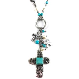Western Collection Turquoise Cross Pendant Charms Stones Rhinestone Chain Necklace Earrings (Cross Charms Necklace)