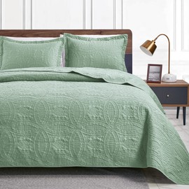 Love's cabin King Size Quilt Set Sage Bedspreads - Soft Bed Summer Quilt Lightweight Microfiber Bedspread- Modern Style Coin Pattern Coverlet for All Season - 3 Piece (1 Quilt, 2 Pillow Shams)