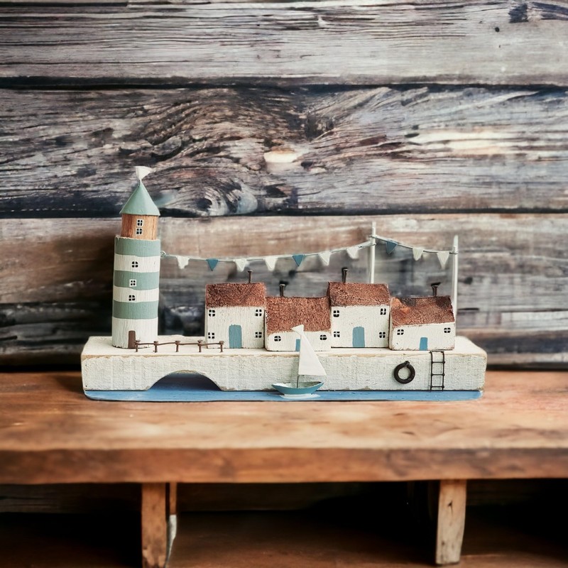 Shoeless Joe Quayside with Lighthouse/Handmade Small Pretty Seaside Decoration/Nautical Miniature