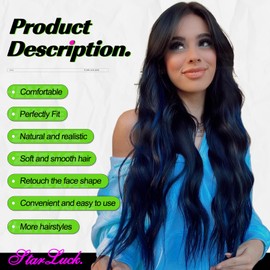 Starluck Long Black Wavy Wig for Women,Black with Blue Highlight Curly Wig Synthetic Heat Resistant Fiber Wig for Daily Party Use 26 Inch