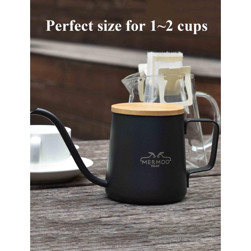 MERMOO YILAN Pour Over Coffee Kettle 12oz, Gooseneck, Wooden Lid,
