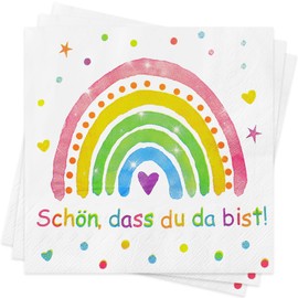 Napkins Rainbow Schön Dass Du Da Bist, Pack of 40 Napkins for Children's Birthday, Baby Shower, Christening, Confirmation, Communion Table Decoration, Rainbow Party for Boys and Girls (Rainbow 40)