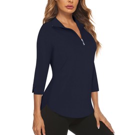 Cucuchy Style Golf Shirts for Women 3/4 Sleeve,Tennis Polo Shirts Moisture Wicking Workout Tops Loose Fit Running Pullover Stretchy V Neck Zipper Hiking Sport Clothes Navy Blue L
