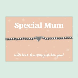 WishStrings “Special Mum” Stainless Steel Beaded Stretch Bracelet | Heart Charm Gift from Daughter or Son | Sentimental Jewelry for Mum’s Birthday, Mother’s Day & Just Because