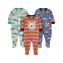 Simple Joys by Carter's Boys' 3-Pack Loose Fit Flame Resistant Fleece Footed Pajamas, Bear/Alligator/Fox & Racoon, 12 Months
