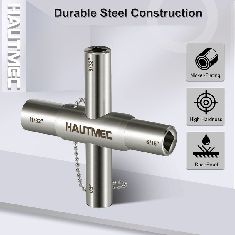 HAUTMEC 4 Way Sillcock Water Key，1/4", 9/32", 5/16", 11/32" Steel
