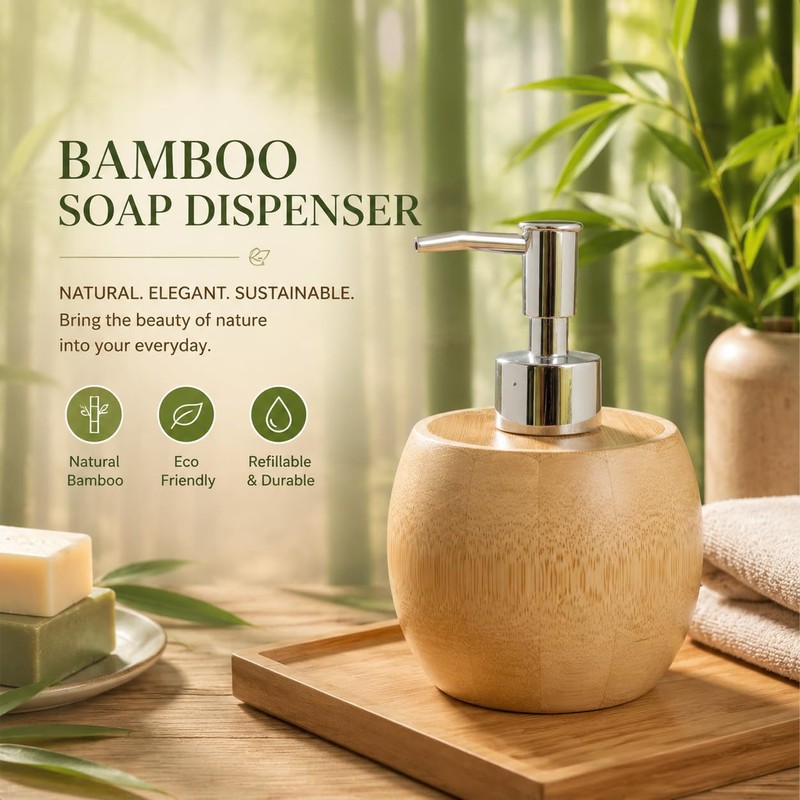 Bamboo Soap Dispenser, Round Bamboo Hand Pump Dispenser for Bathroom