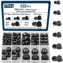 Vifmy Metric Black Nylon Acorn Nuts Assortment Kit,M3 M4 M5 M6 M8 M10 155PCS UNC Cap Nuts Sets,Nut Caps for Bolt,Dome Head Hex Nuts for Indoor Outdoor
