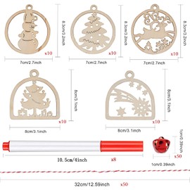 Artmag 50pcs Unfinished Wooden Hanging Ornaments for Christmas Decorations,5 Styles DIY Wood Slices with Holes for Kids Crafts Centerpieces Holiday Hanging Decorations