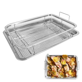2PCS Stainless Steel Crisper Tray and Basket,13"x9.6"x3.1" Oven Air Fryer Pan Mesh Basket Set,Deluxe Non-Stick Crisper Oven Tray for Baking and Crispy Chicken,French Fries and Onion Rings