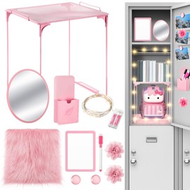 Patelai 11 Pcs Locker Accessories Kit Included Locker Shelf Magnetic Mirror Pen Holder Whiteboard Marker Faux Fur Rug Light String and Magnet for Back to School Essentials(Pink)