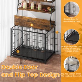Hipicute Dog Crate Furniture,Furniture Style Dog Crate,Flip-Up Top End Table Dog Cage,Indoor Pet Crate Furniture with 3-Layer Storage Shelves,Dog Kennel Furniture with Adjustable Bowls,Brown
