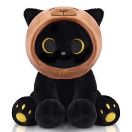 Hagusahuo Capybara Cat Stuffed Animal, 8inch Black Cat Plush Wear Capybara Hat, Anime Kitten Plushies Kawaii Huggable Gift for Kids Boys Girls,Girlfriends Christmas, Birthday Gifts
