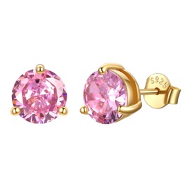 JustBeingCute 3-Prong Sterling 14K Gold Plateds Silver Earrings, Round CZ Colorful Stone Flat Back Studs Hypoallergenic Earrings for Women, Engagement Jewelry Gifts—7.5mm Pink