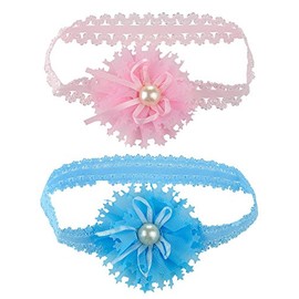 Girls' Toddlers' Stretchy Elastic Fashion Bow Headband Hairband Set of 2, Simulated Pearl, Lt Pink/Lt Blue