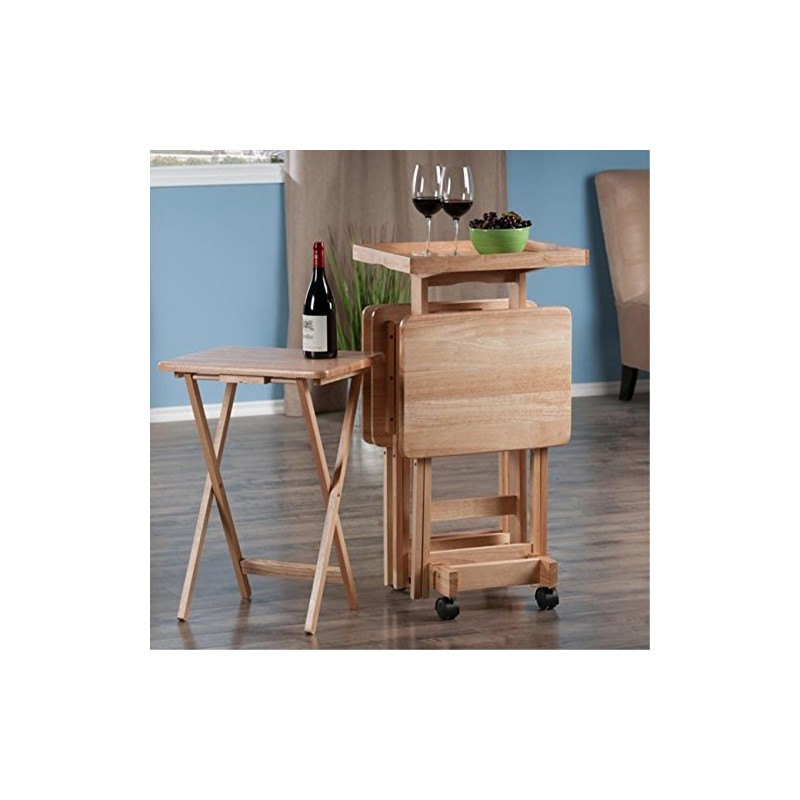 Ergode 5-Piece Natural Wood Folding Snack Table Set with Rolling