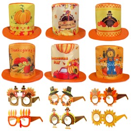 POPCIEL 12 Pieces Thanksgiving Top Hats Turkey Hats Paper Eyeglasses Set for Thanksgiving Party Costume Accessories