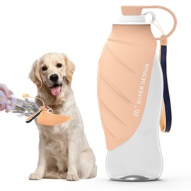SUPERDESIGN Dog Water Bottle, Portable Dog Water Bottle for Small to Large Dogs, Leak Proof Dog Travel Water Bottle, Large Leaf Travel Water Bowl for Dogs and Dog Walking Accessories (19.6OZ, Pink)