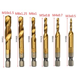 Bestgle Tap Drill Set, Hexagonal Shaft Woodworking Drill Set, 6 Piece Drill Tap, Drill Tap for Ironwork, Chamfering Tap, Drilling, Threading, Tap, Spiral, Titanium Coating, Increased Efficiency, HSS High Speed Steel Tap Drill Set, Gold, M3, M4, M5, M6, M8, M10